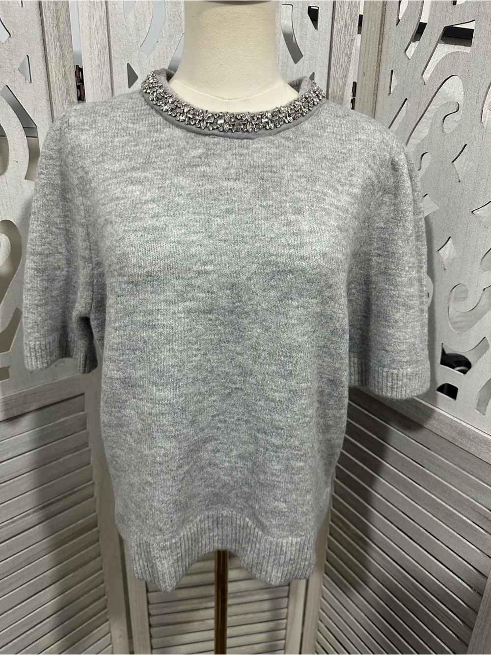 Marled Light Gray Jeweled Crewneck Short-Sleeve Sweater